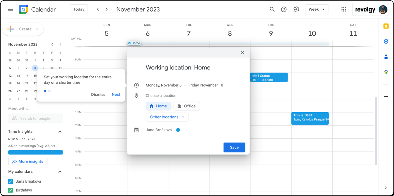 Set working locations for specific portions of the day in Google Calendar